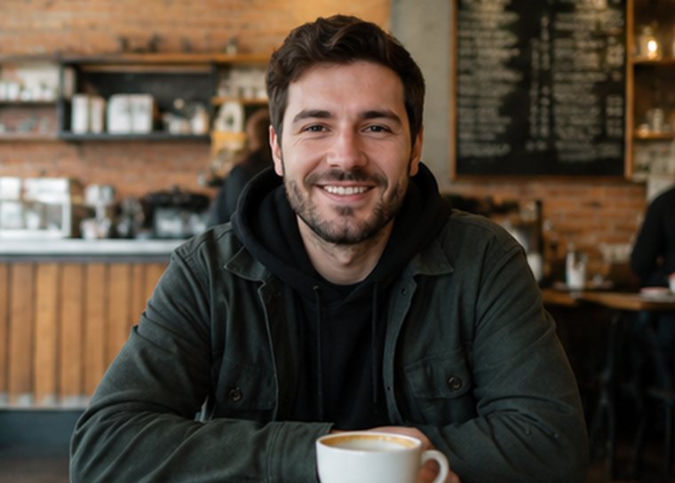 Alex Bennett, who writes First Deposit, in a Montréal café