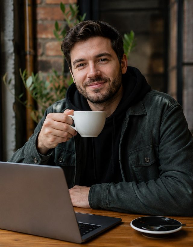 Alex Bennett, a beginner casino tester from Montréal, with a coffee and a laptop