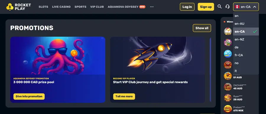 The Rocket Play homepage with the language menu open, showing en-CA selected and fr-CA available