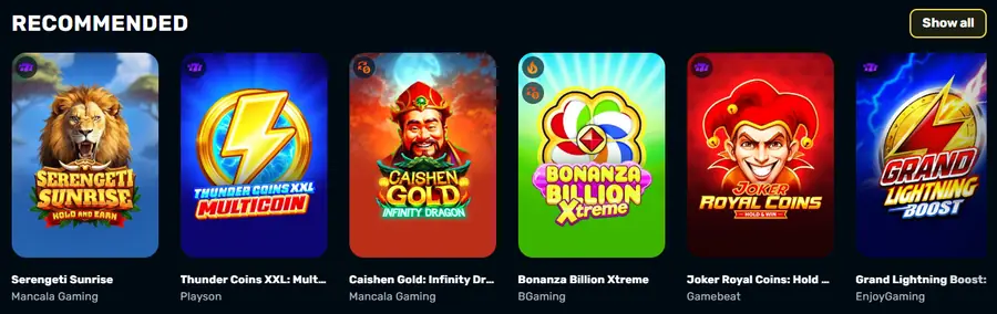 RocketPlay recommended games row showing six slots with their studio names underneath