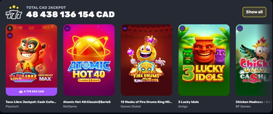 The RocketPlay jackpot counter showing 48,438,136,154 CAD above a row of jackpot slot games