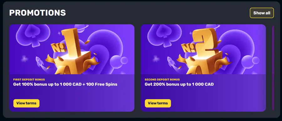 Rocket Play first deposit bonus of 100% up to 1,000 CAD plus 100 free spins, and second deposit bonus of 200% up to 1,000 CAD