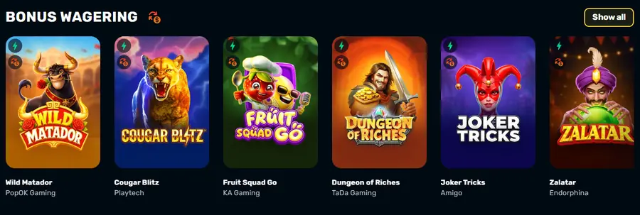 The Bonus Wagering game category, showing the slots that count towards clearing a bonus