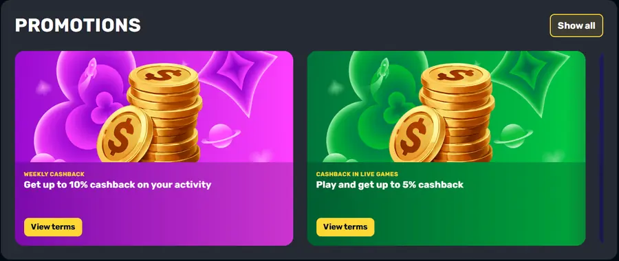 Cashback promotions: up to 10% weekly cashback and up to 5% cashback on live games