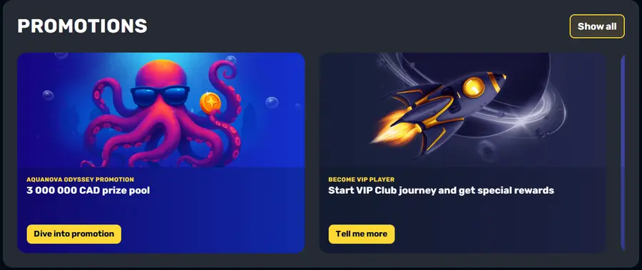 The Aquanova Odyssey promotion with a 3,000,000 CAD prize pool, and the VIP Club invitation