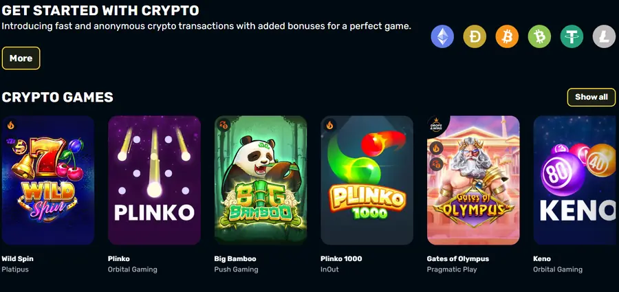 The crypto section with Ethereum, Dogecoin, Bitcoin, Bitcoin Cash and Litecoin, above a row of crypto games