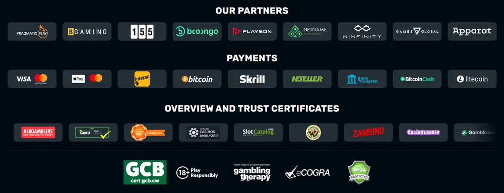 The site footer showing game studios, payment logos, review site badges and the GCB, eCOGRA and Gambling Therapy seals