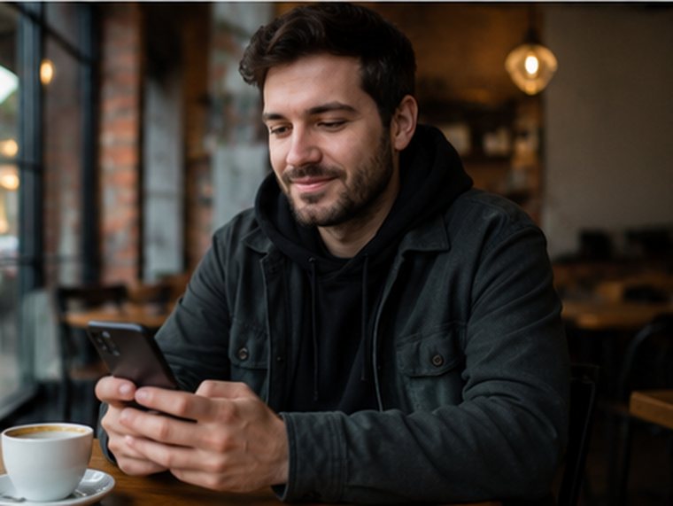 Alex Bennett reading player reviews on his phone in a Montréal café